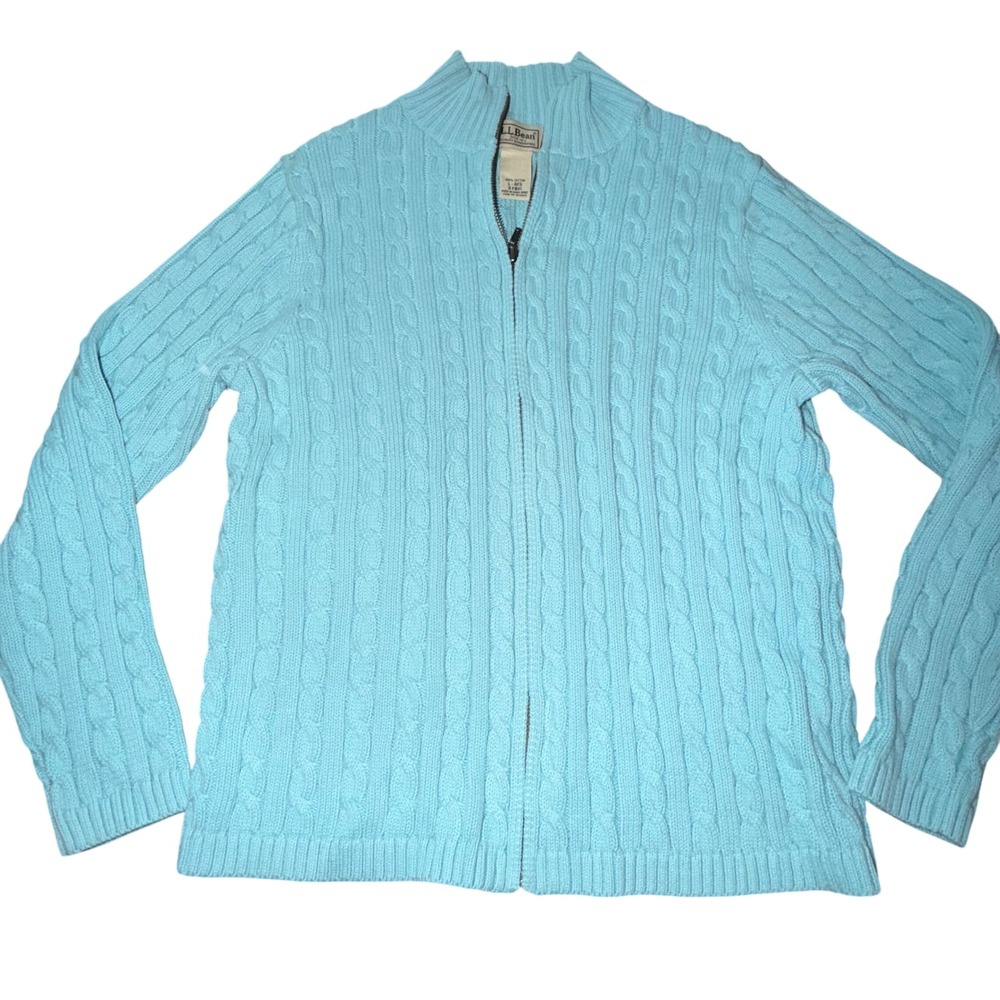 LL Bean Womens Large Light Blue Cotton Cable Knit Full Zip Mock Neck Sweater